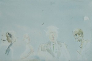 « man with tie », 2007, aquarelle, collage et plumes sur papier, 67 x 101 cm