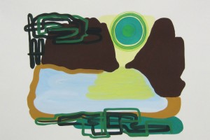 « paysage au soleil vert », 2012, gouache sur papier, 56 x 76 cm