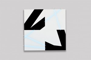 « 5 lignes au hasard (PI) en peinture et en néon n°6 », 2012, 200 x 200 cm – 4 tableaux 100 x 100 cm