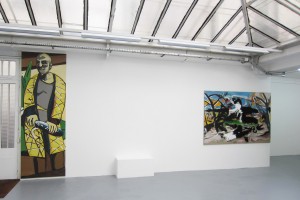 « RIP_Komma Klar (Beckmann) », 2009, peinture Enamel sur toile, 300 x 100 cm & « RIP_Looking for the Perfect Beat (Douanier Rousseau) », 2012-2013, peinture acrylique et Enamel sur toile, 300 x 200 cm