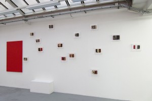 Bernard Aubertin – « Monochrome rouge fait à la petite cuillère », 2012, acrylique sur toile, 150 x 100 cm et « Petit Livre Rouge brûlé », 2015, 12 x 18 cm /23 x 28 cm