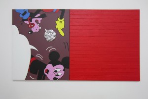 Bernard Rancillac – « Mickey tête en bas », 2012, acrylique sur toile, 100 x 81 cm / Bernard Aubertin – « Tombouctou », 2014, acrylique sur toile, 100 x 100 cm