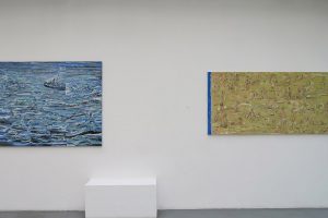 ADAM ADACH – A boat (Beneath a sunny sky), 2016-2017, huile sur toile, 120 x 150 cm / Front de mer, 2017, huile sur toile, 90 x 190 cm