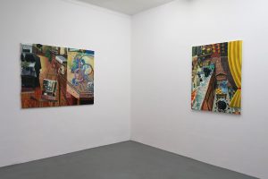 MATHIEU CHERKIT – Filtre, 2017, huile et pastel sur toile, 114 x 146 cm / De l’autre côté, 2017, huile sur toile, 116 x 89 cm